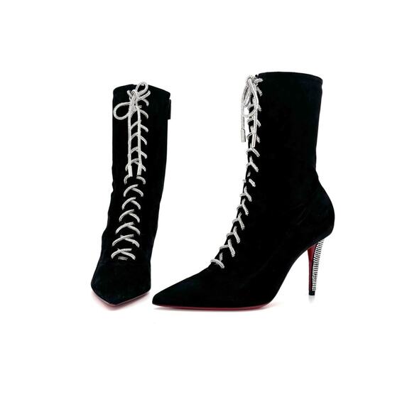 NEW Christian Louboutin Astrid Lace Strass Booty 85 Embellished Boots 37 - Picture 1 of 11